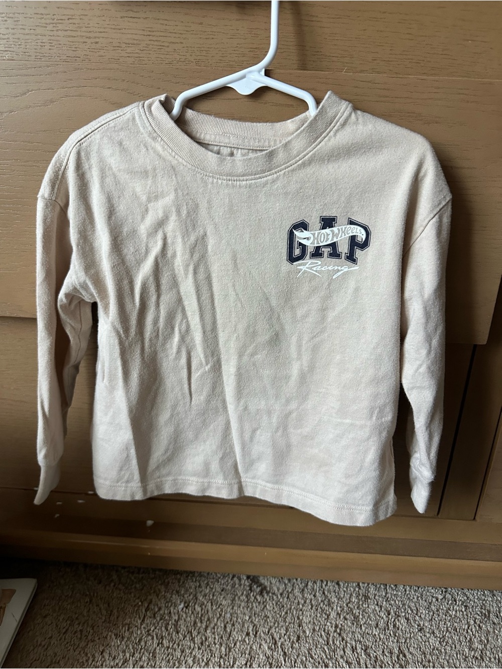 GAP Long-Sleeve Crewneck Top in Light Tan with Logo